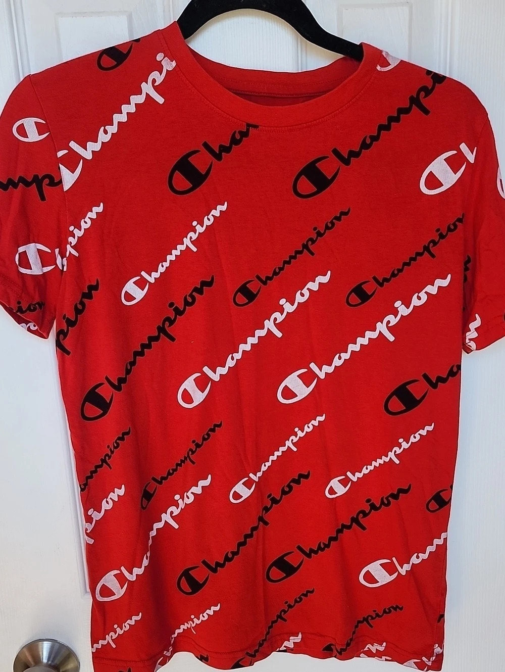 Champion All Over Script Print T-Shirt Red & Black XL
